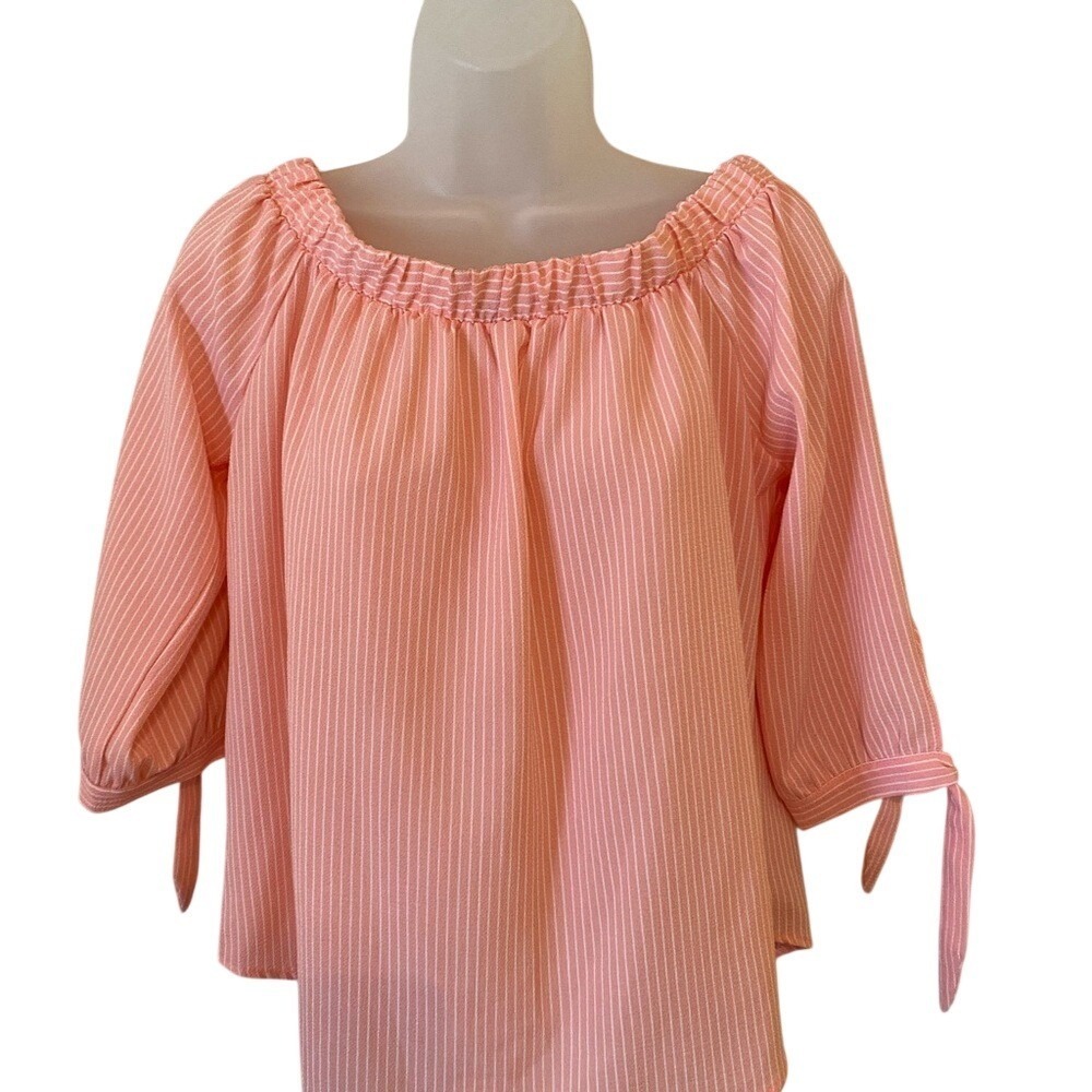 MUST HAVE Women Coral Stripe Off Shoulder Tie Sleeve‎ Blouse Top - Picture 2 of 9